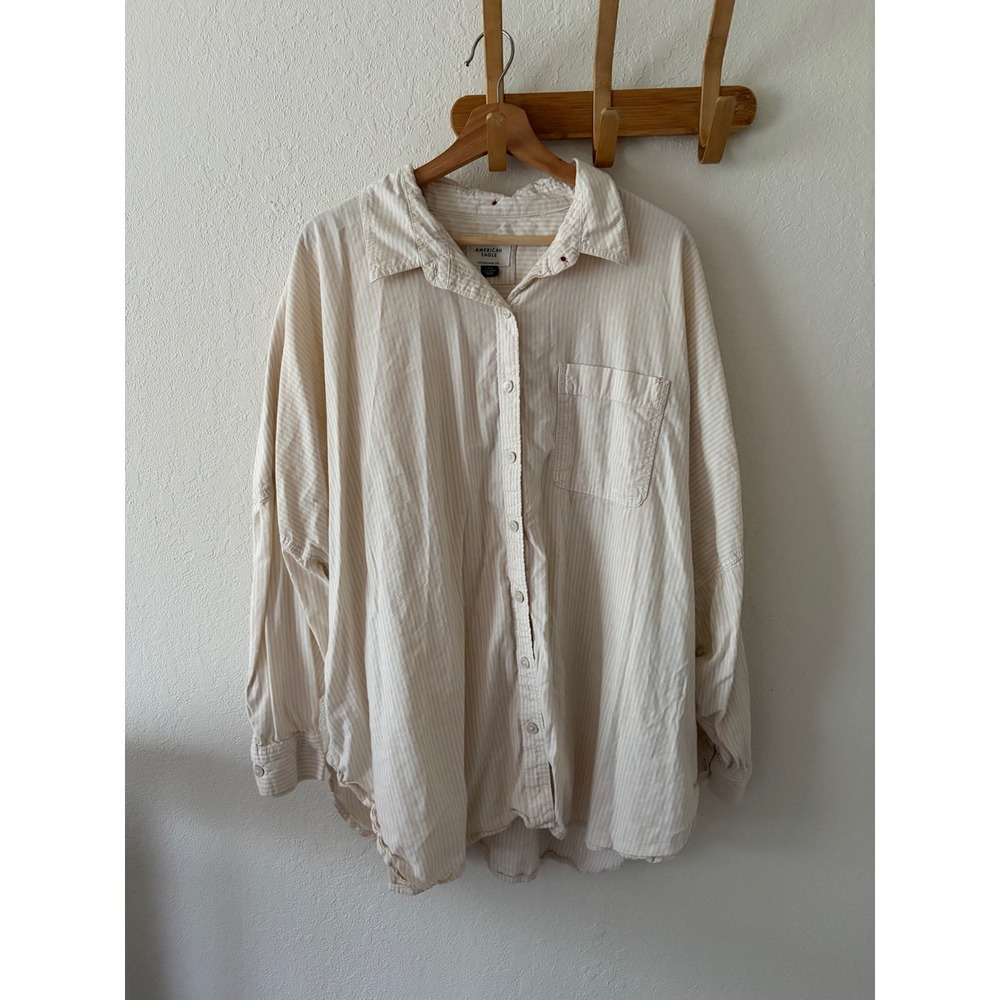 American Eagle Womens L Oversized Beige White Stripe Button Down Shirt Heart